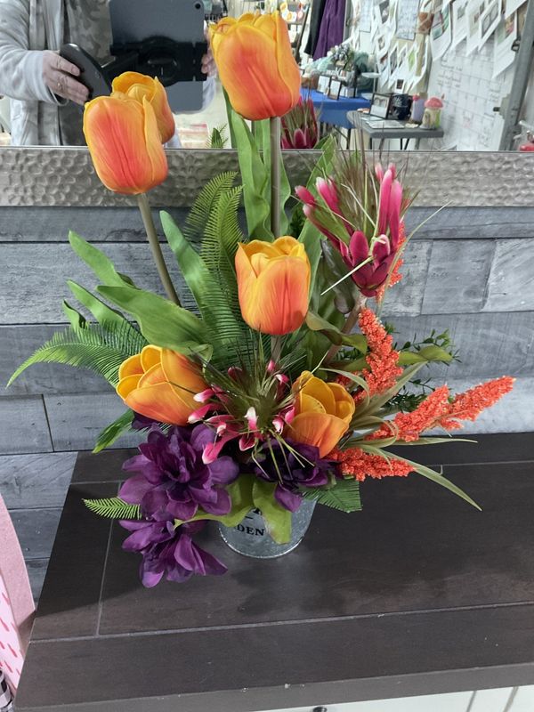 Centerpiece Spring Metal Bucket w/ Orange Tulips &amp; Purple Flowers