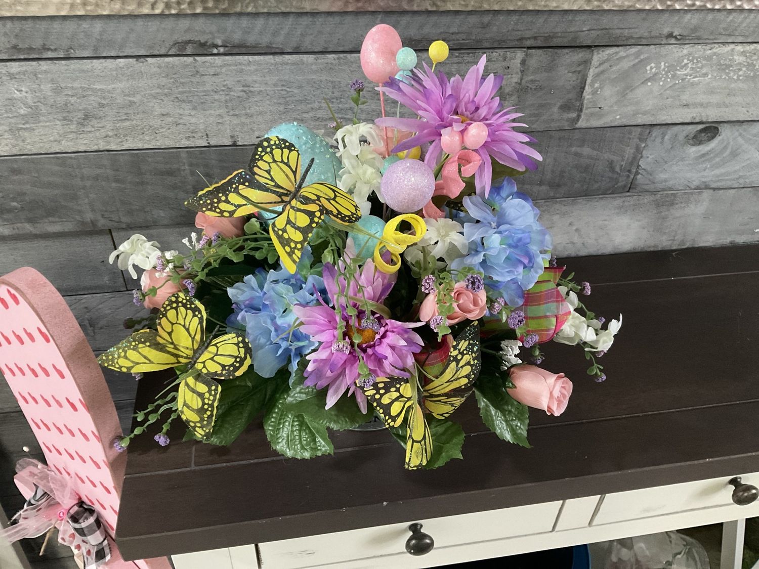 Centerpiece Spring w/ Yellow Butterflies, Blue Egg, Flowers