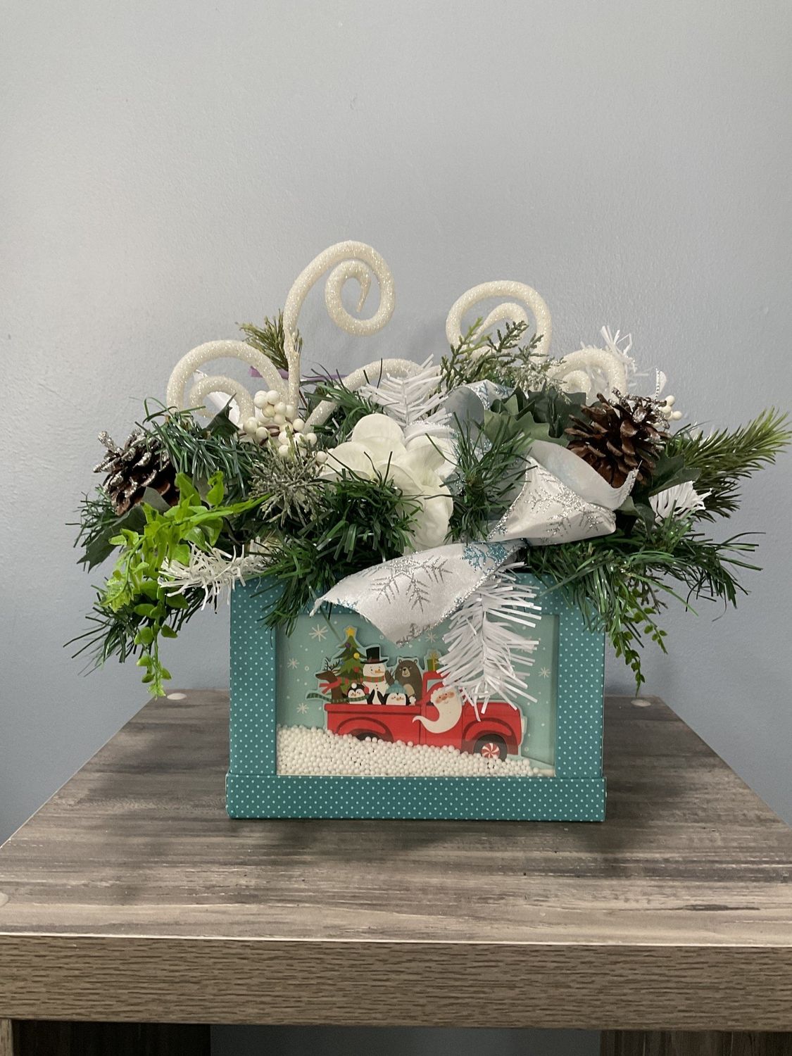 Centerpiece Evergreen 18in Polka Dot Box w/Santa Red Truck, White Swirls