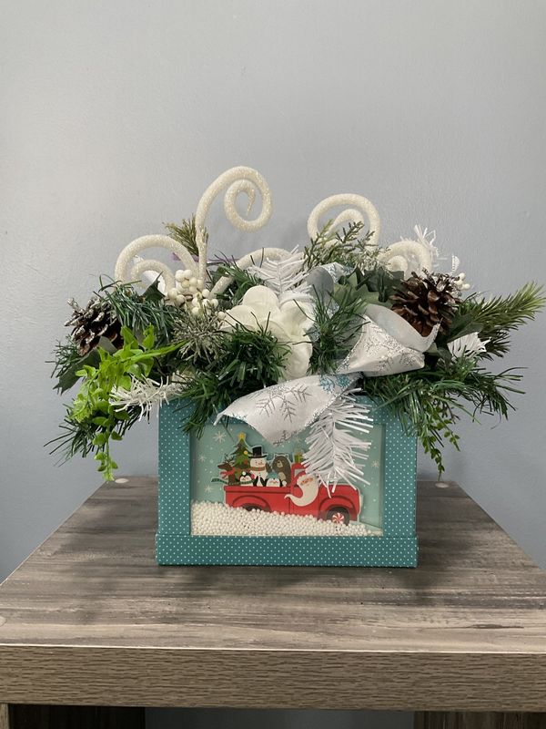Centerpiece Evergreen 18in Polka Dot Box w/Santa Red Truck, White Swirls