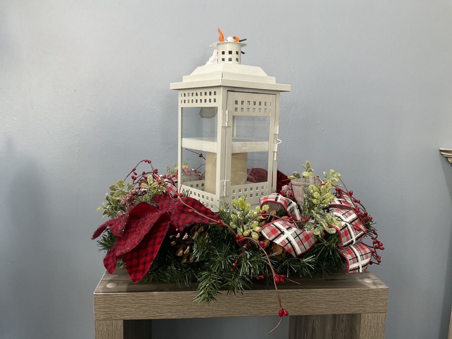 Centerpiece Evergreen 15.5in White Lantern w/Red Check and Black Plaid
