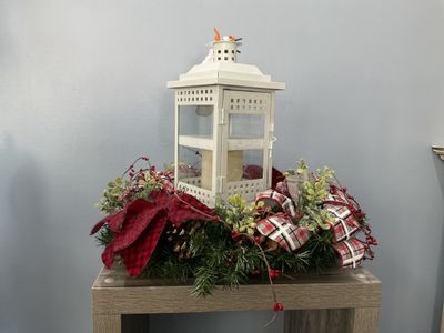 W-MNFT Centerpiece Evergreen 15.5in White Lantern w/Red Check and Black Plaid