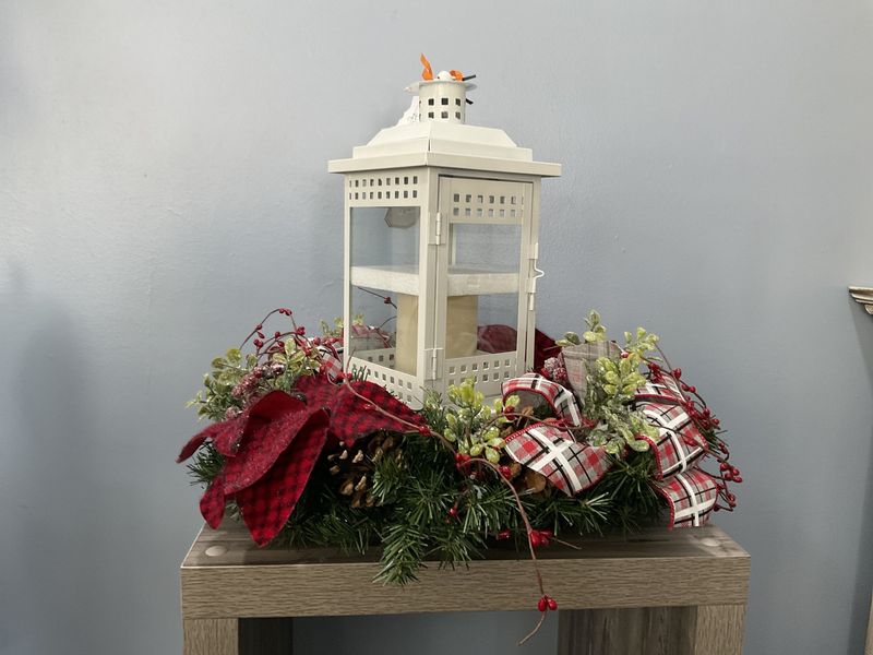 Centerpiece Evergreen 15.5in White Lantern w/Red Check and Black Plaid