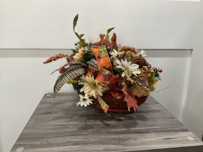 Centerpiece 12x14x10 Wicker Turkey w/Flowers and Red Pumpkin Ribbon