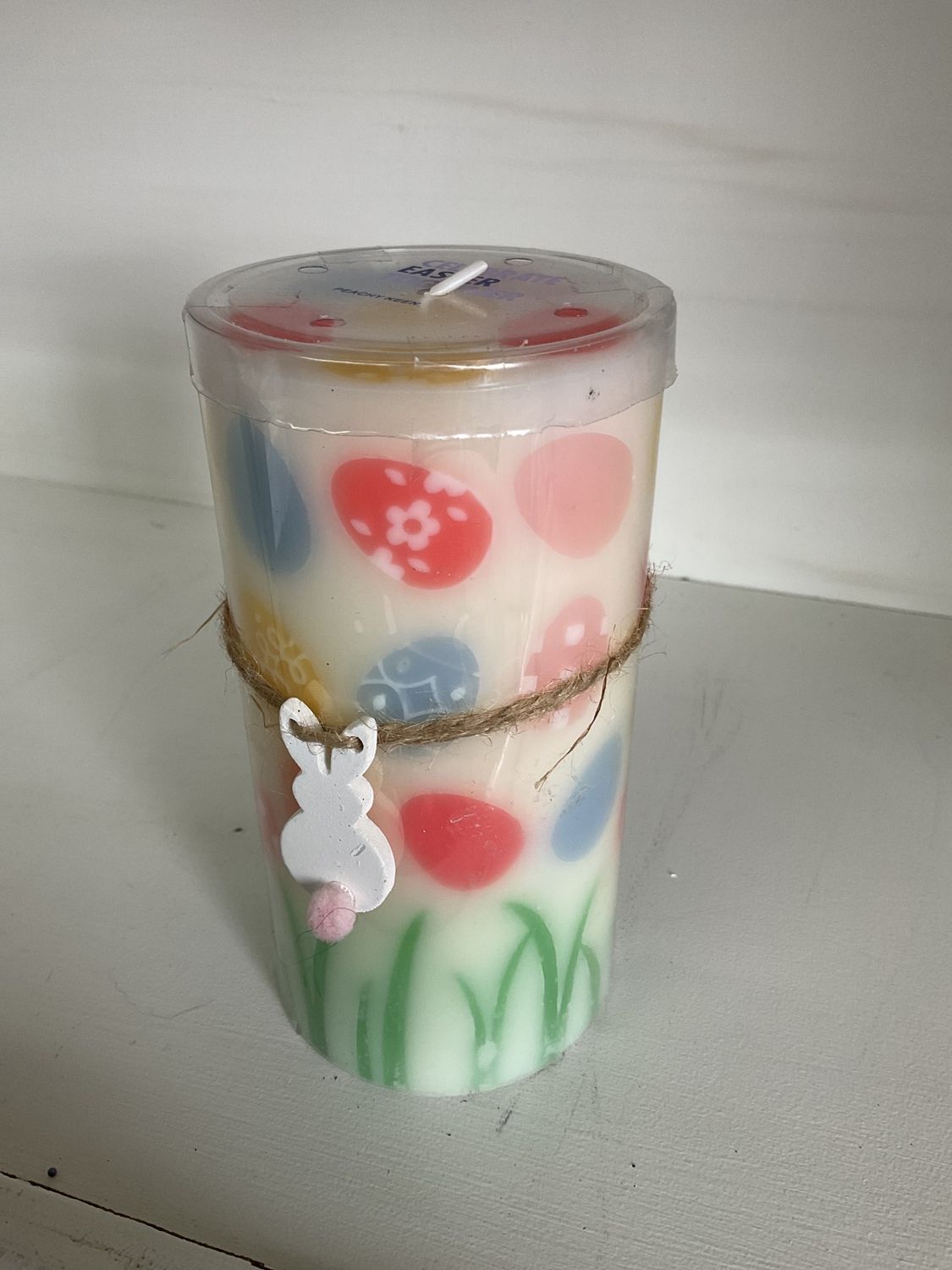 Candle White w/Colorful Eggs and Rabbit on String