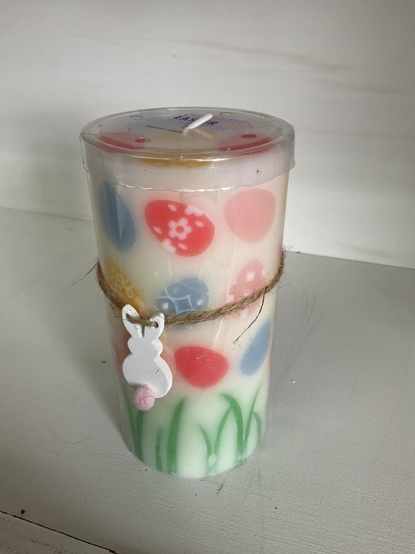 Candle White w/Colorful Eggs and Rabbit on String