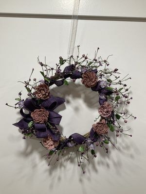 Small Flower and Bud Wreath with Purple Flowers and Ribbon