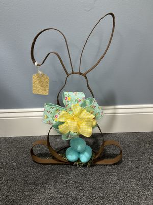 Centerpiece Metal Rabbit 13x20 3 Blue Eggs w/Yellow Gingham and Green Flower Ribbons