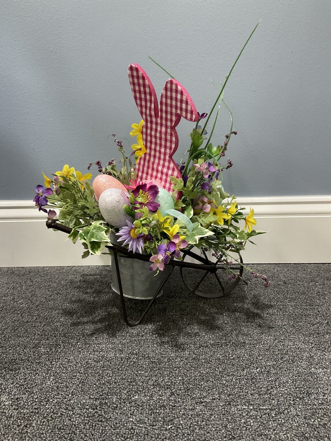 Centerpiece Spring Wheelbarrow 13x13 Pink Striped Bunny w/Flowers and Eggs