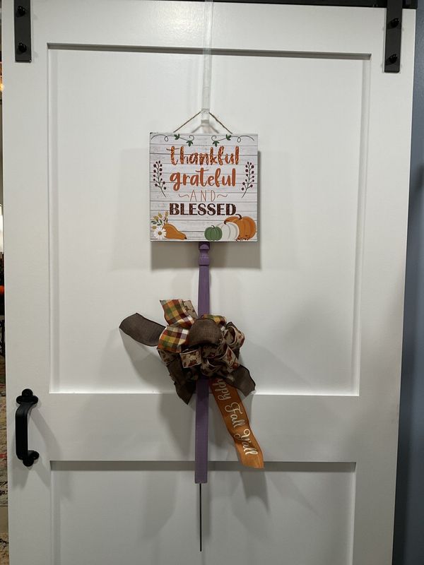 Stake Sign 36 in-Purple w/&quot;Thankful Grateful and Blessed&quot; and Burlap Acorn Ribbon