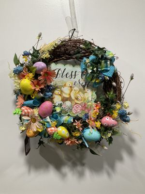375 Wreath Grapevine 16 in-Multi &quot;Bless Our Nest&quot; w/Easter Eggs