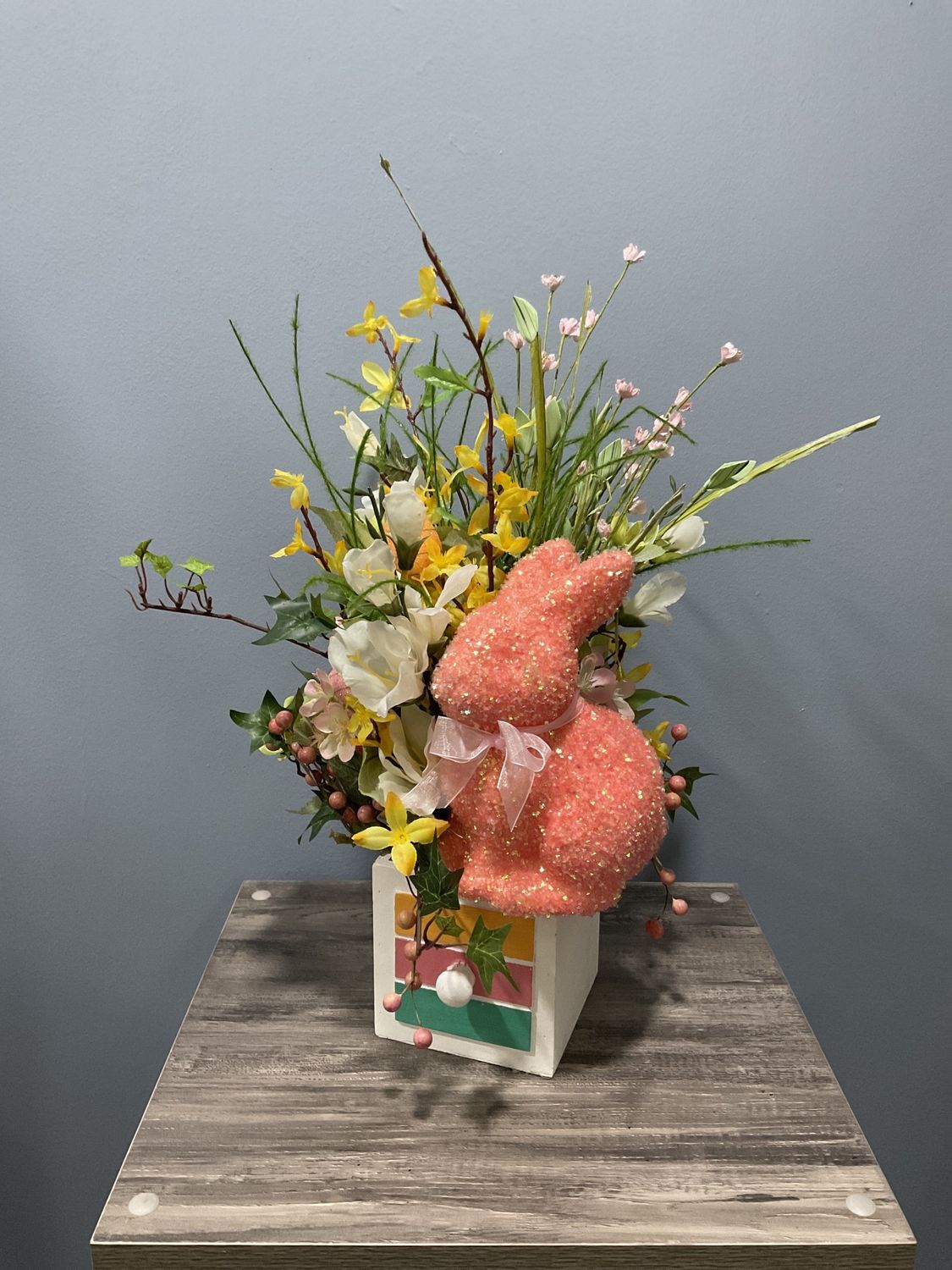 Centerpiece Easter White Drawer 10x21 w/Pink Easter Bunny Eggs and Flowers