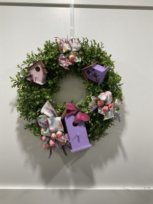 Wreath Boxwood 22 in-Birdhouses and Roses w/Dragonfly Ribbon