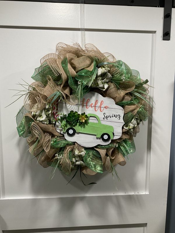 Wreath Mesh 24 in-Green and Tan &quot;Hello Spring&quot; w/Green Truck and Green Plaid Ribbon