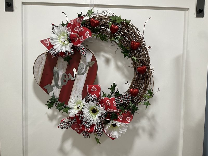 Wreath Grapevine &quot;Love&quot; with White Flowers and Red Heart Ribbon