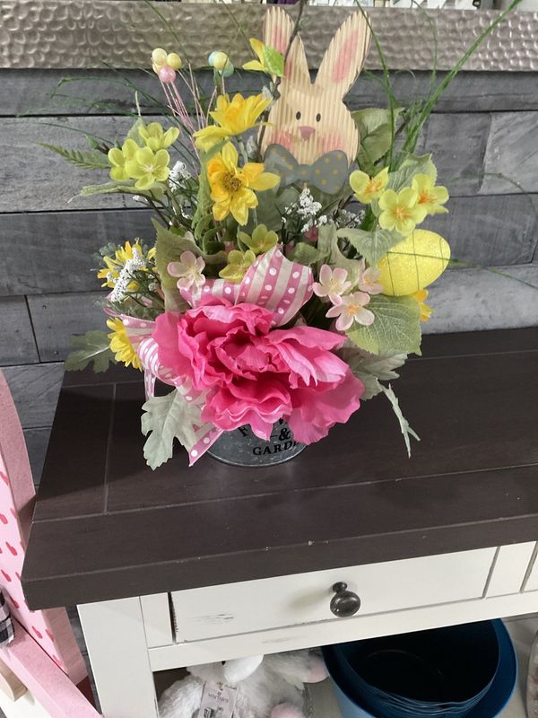 Centerpiece Easter Metal Bucket w/Rabbit, Yellow and Pink Flowers and Pink Ribbon