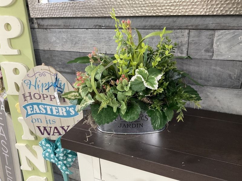 Centerpiece Silver Container Greenery w/Pink Floral