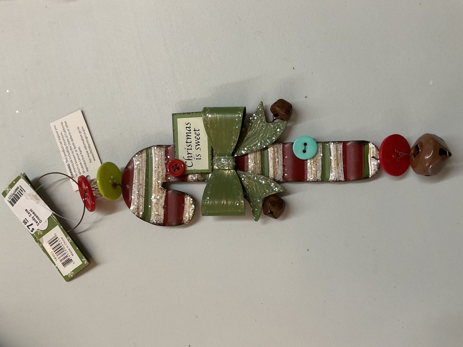 Tin Ornament Choice of Candy Cane with Green or Red Bow 9x3&quot;