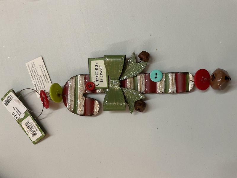 Tin Ornament Choice of Candy Cane with Green or Red Bow 9x3&quot;