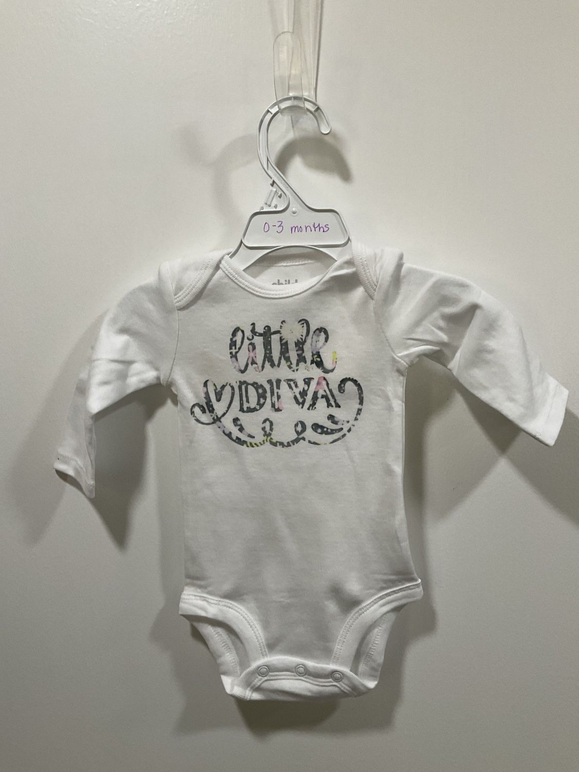 Onsie White w/Colorful Flower Print &quot;Little Diva&quot; long sleeve 3 month