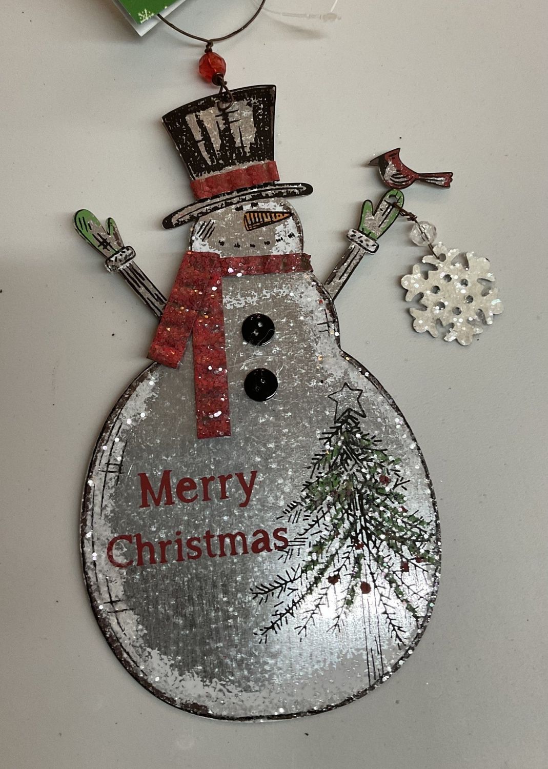 Tin Ornament Snowman &quot;Merry Christmas&quot; with  Christmas tree, cardinal and  holding a snowflake 5x8