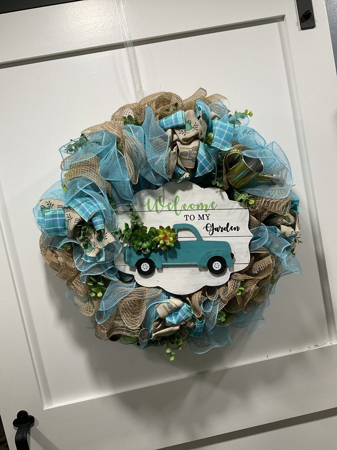 Wreath Mesh 24 in-Blue and Tan &quot;Welcome to My Garden&quot; w/Truck and Watering Can and Blue Plaid Ribbon