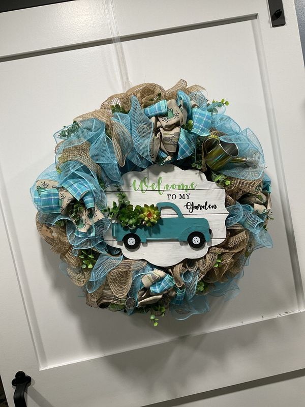 Wreath Mesh 24 in-Blue and Tan &quot;Welcome to My Garden&quot; w/Truck and Watering Can and Blue Plaid Ribbon