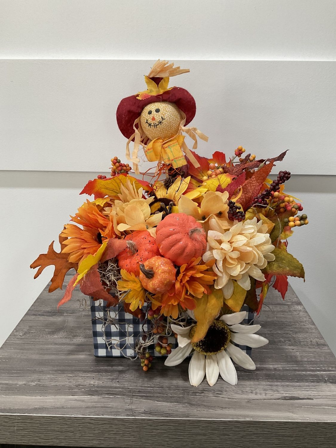 Centerpiece Bouquet Display 12x10x12 Black Gingham w/Scarecrow Flowers and Pumpkins