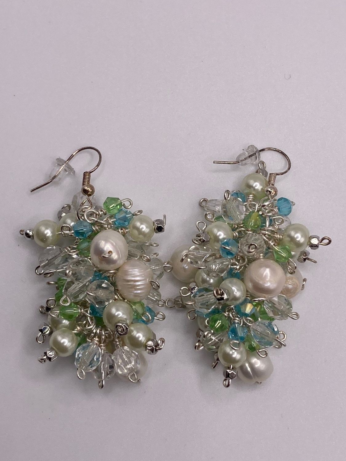 Cluster of Freshwater Pearls, Preciosa Crystals in Blues and Greens with Silver Accent Earrings