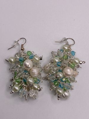 Cluster of Freshwater Pearls, Preciosa Crystals in Blues and Greens with Silver Accent Earrings