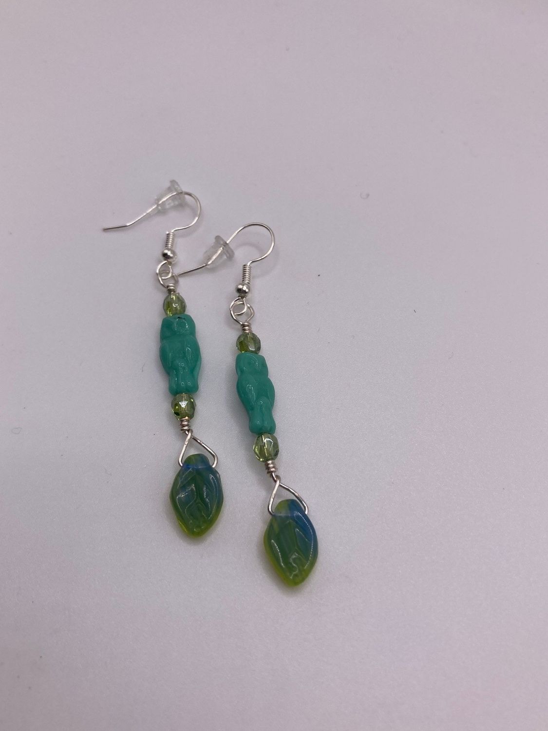 Czech Glass Owl and Leaf in Iridescent Teal