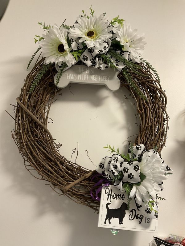 Wreath Grapevine &quot;The Best Things in Life are Furry&quot; with White Flowers and Dog Ribbon