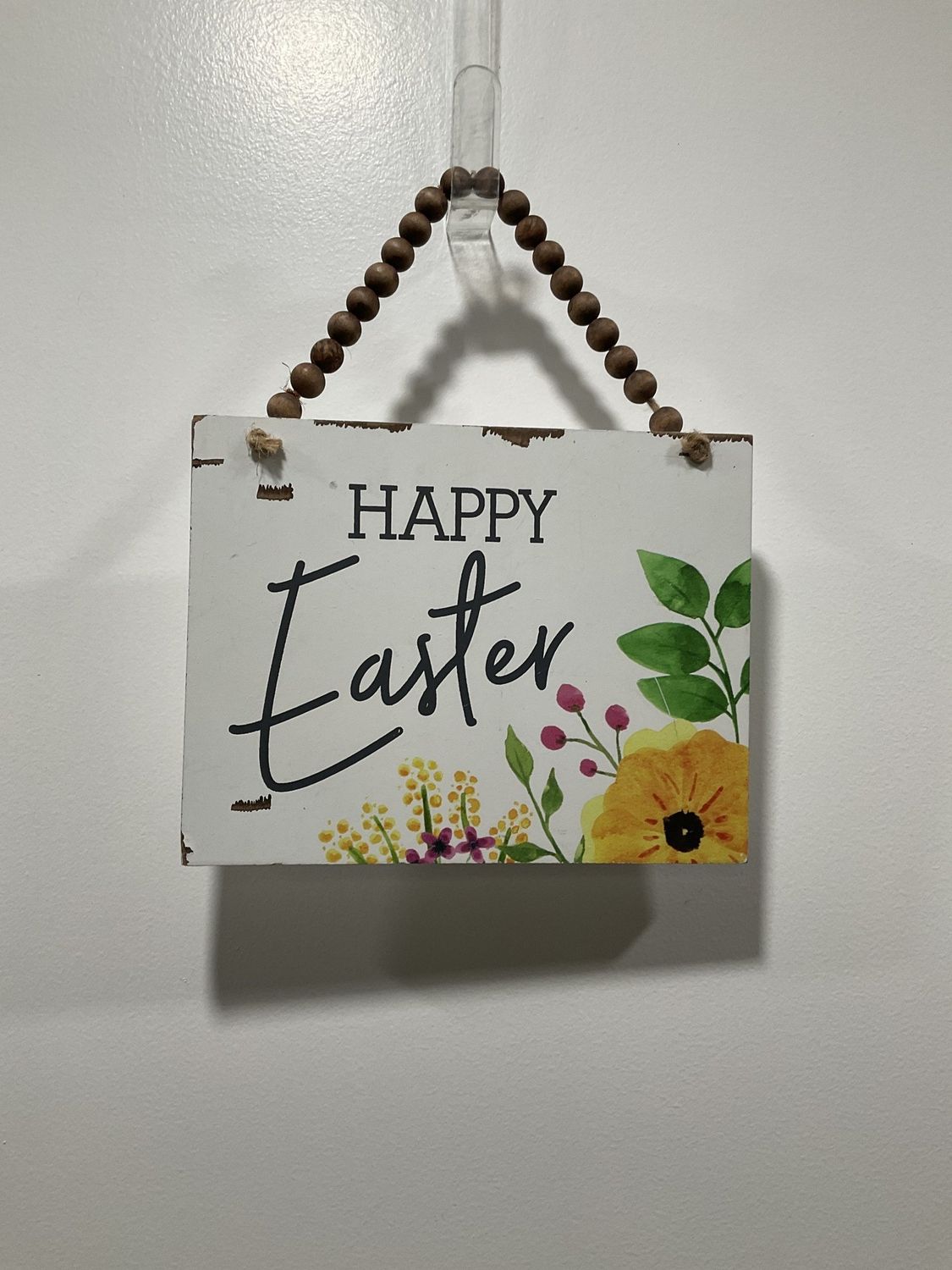 492 493 Sign 7x9-&quot;Happy Easter&quot; Hanging by Beads w/Yellow Flower