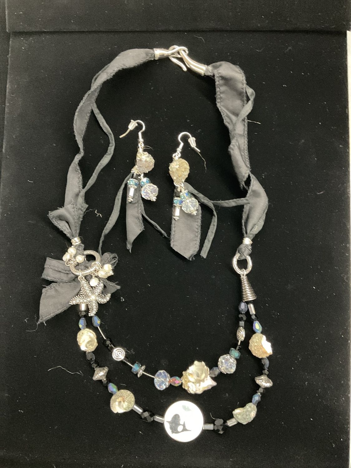 NS1 Necklace and Earring Set-Black Ribbon w/Crystals, Black Beads and Seashells