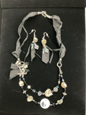 OTD NS1 Necklace and Earring Set-Black Ribbon w/Crystals, Black Beads and Seashells