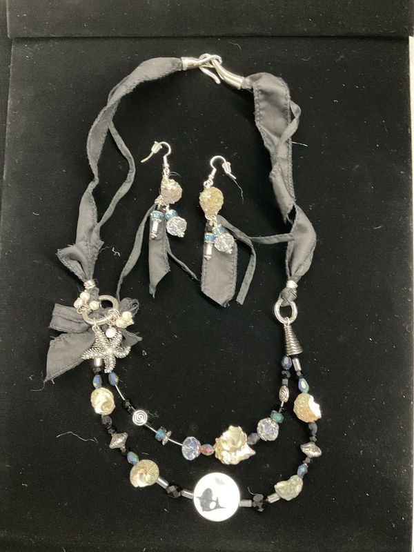 NS1 Necklace and Earring Set-Black Ribbon w/Crystals, Black Beads and Seashells
