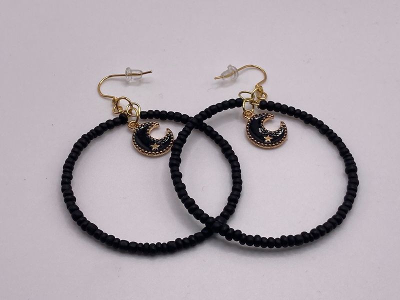 Matte Black Seed Bead Hoops with Crescent Moon Charm Earrings
