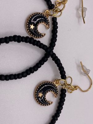 OTD Matte Black Seed Bead Hoops with Crescent Moon Charm Earrings