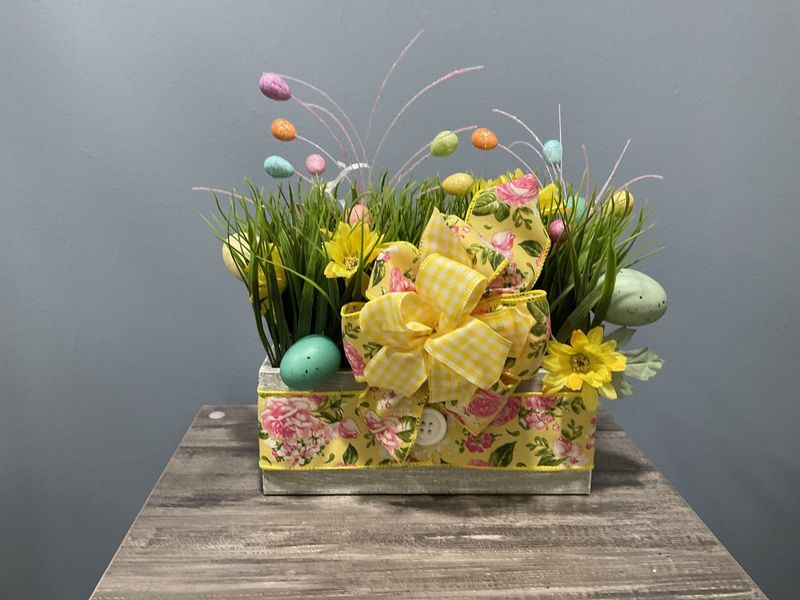 Centerpiece Box 10x10 Colored Eggs, Yellow Flowers and Pink Rose Ribbon