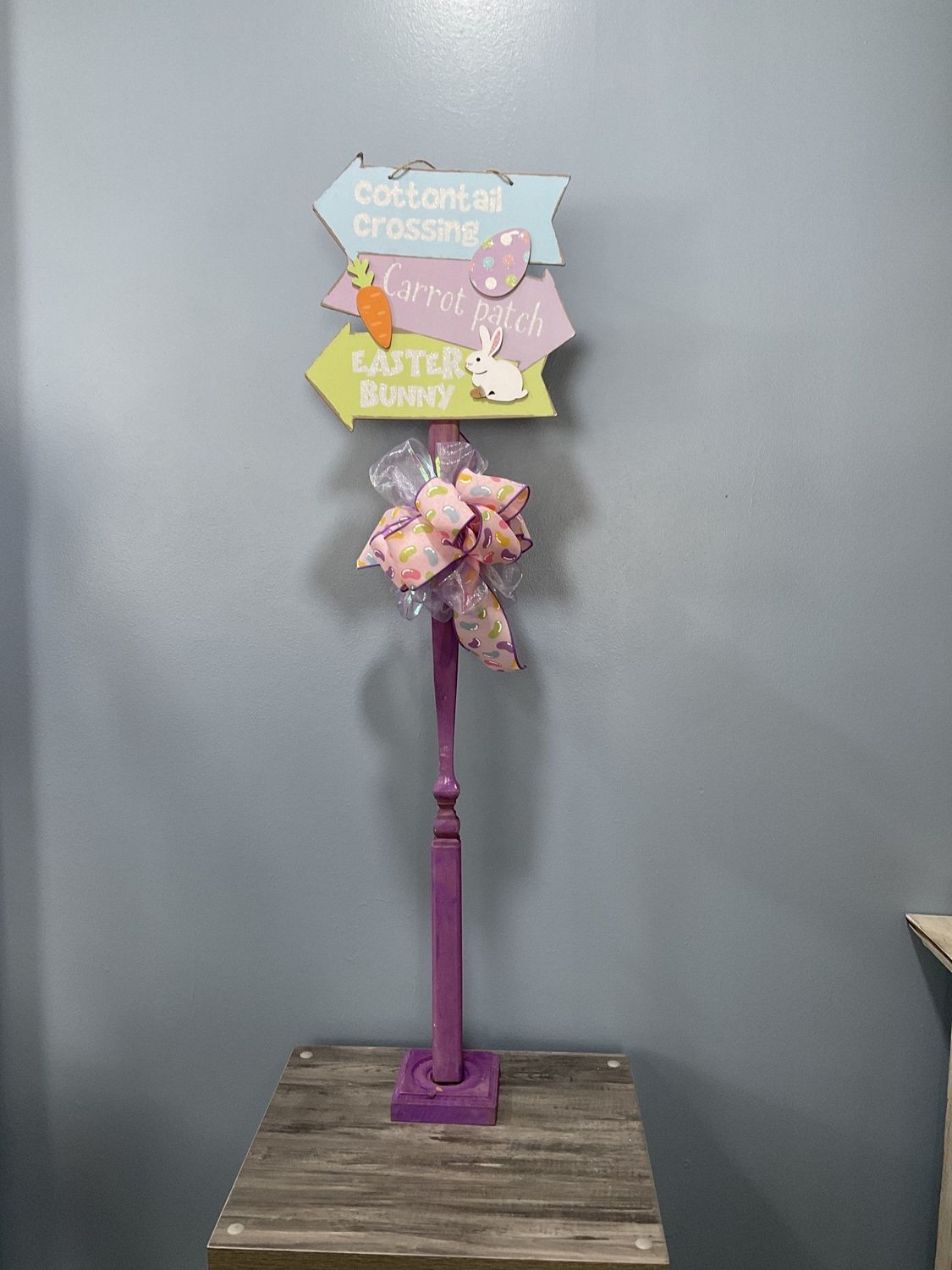 694 Standing Sign 40 in-Purple &quot;Cottontail Crossing&quot; w/Pink Jelly Bean Ribbon