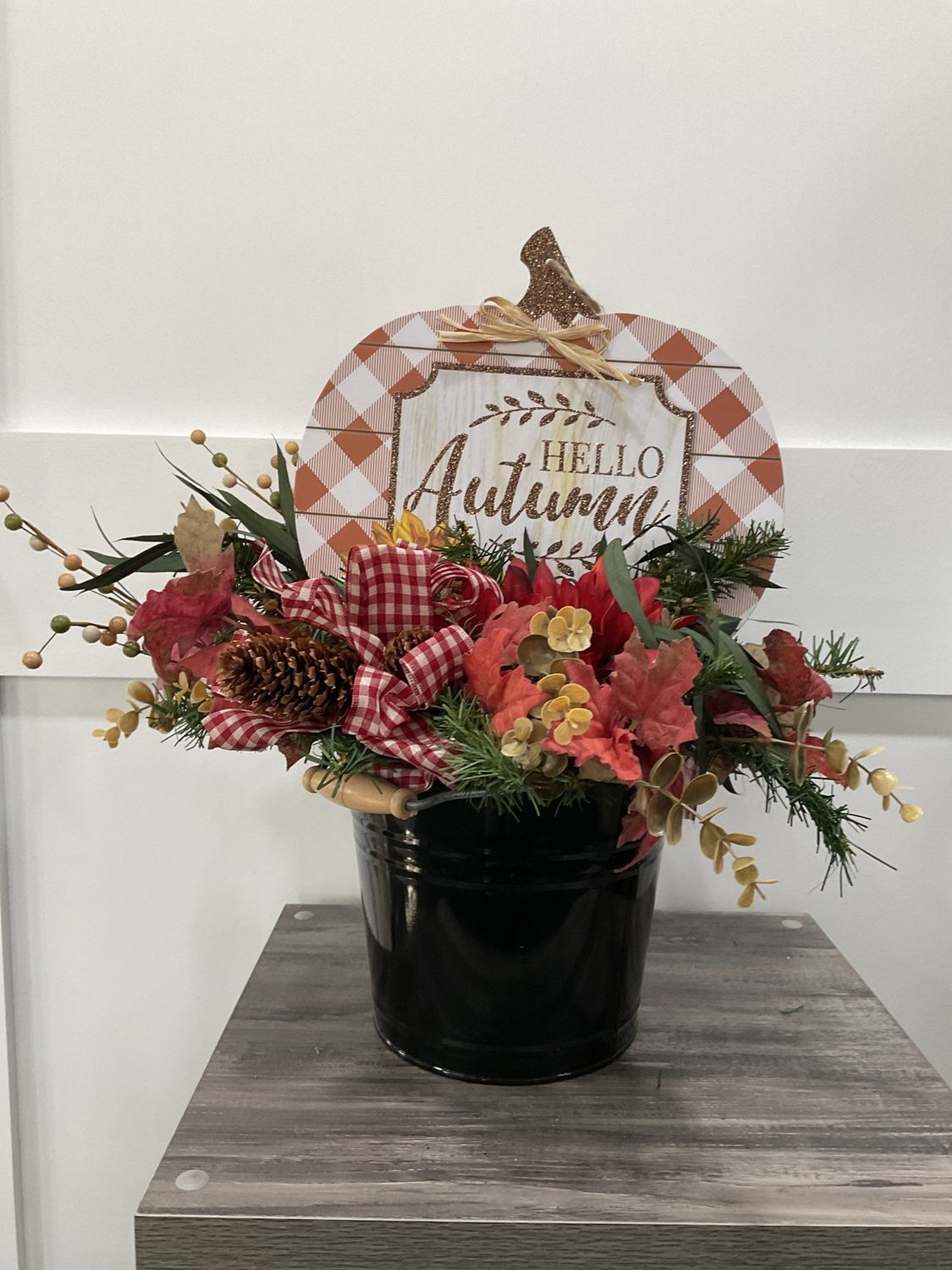 Centerpiece Bouquet 21x20x20 Black Metal Pail w/Pumpkin &quot;Hello Autumn&quot; and Red Flowers and Red Gingham Ribbon