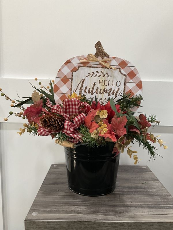 Centerpiece Bouquet 21x20x20 Black Metal Pail w/Pumpkin &quot;Hello Autumn&quot; and Red Flowers and Red Gingham Ribbon