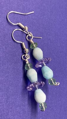 E029 Lavender, Baby Blue, Light Green Crystals and Bead Earrings