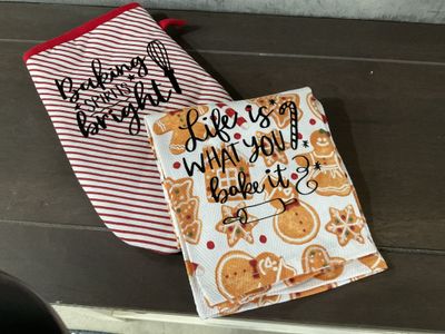 Baking Towel &quot;LIfe is What You Bake It&quot; and Potholder &quot;Baking Spirits Bright&quot; Set