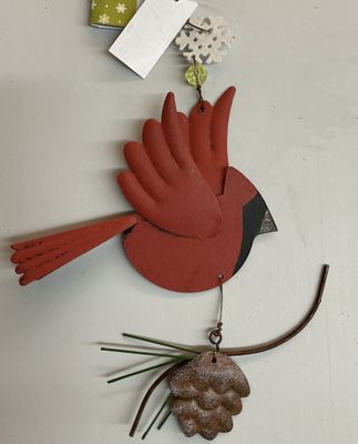 Tin Ornament Cardinal with Pinecone - 6x7&quot;