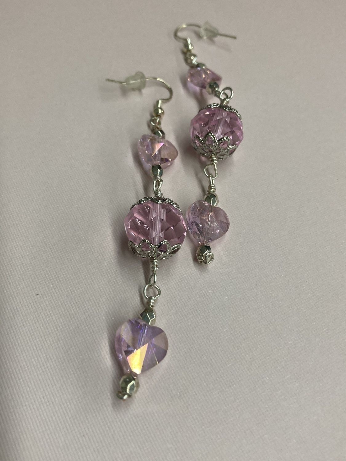 E035 Pink Crystal Hearts and Bead Earrings in Silver