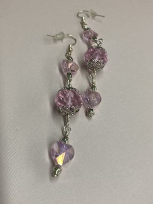 E035 Pink Crystal Hearts and Bead Earrings in Silver