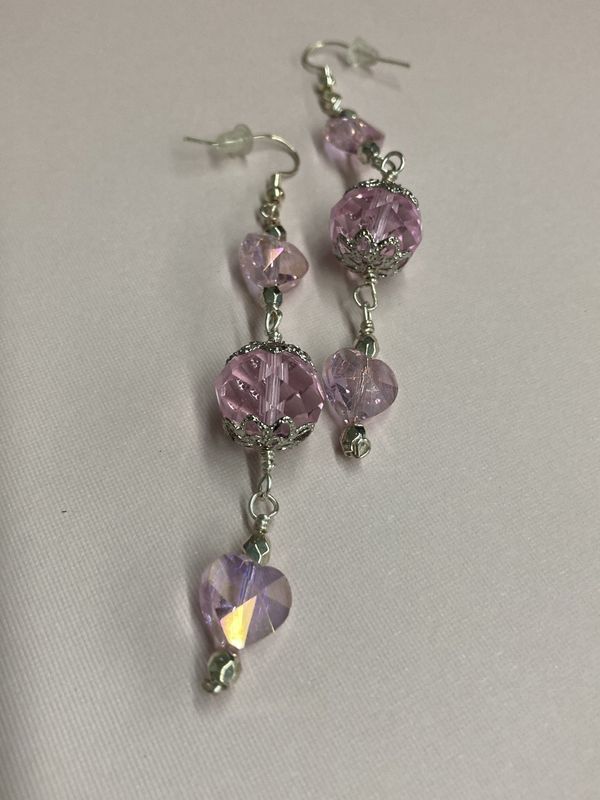 E035 Pink Crystal Hearts and Bead Earrings in Silver