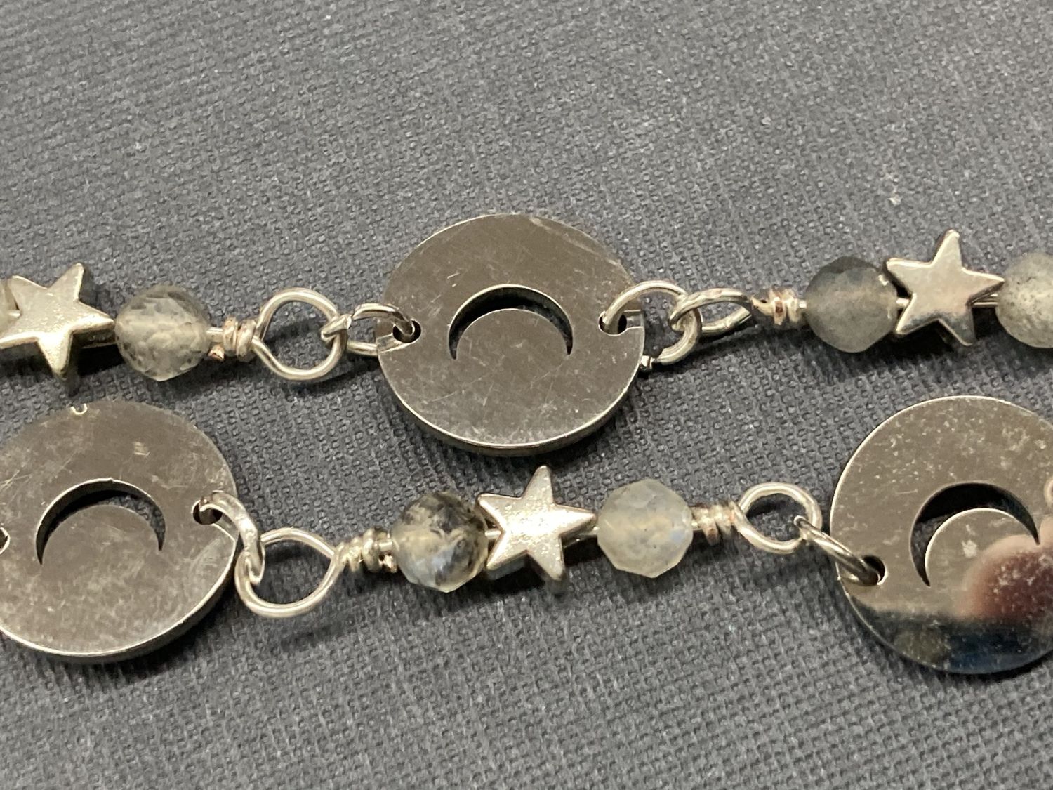 E015 Silver Stars and Crescent Moon with Labradorite Crystal Earrings
