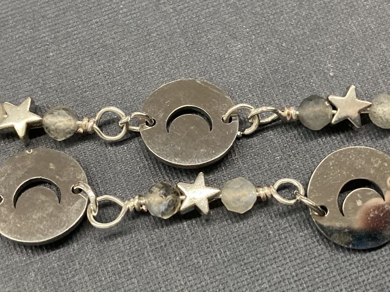 E015 Silver Stars and Crescent Moon with Labradorite Crystal Earrings